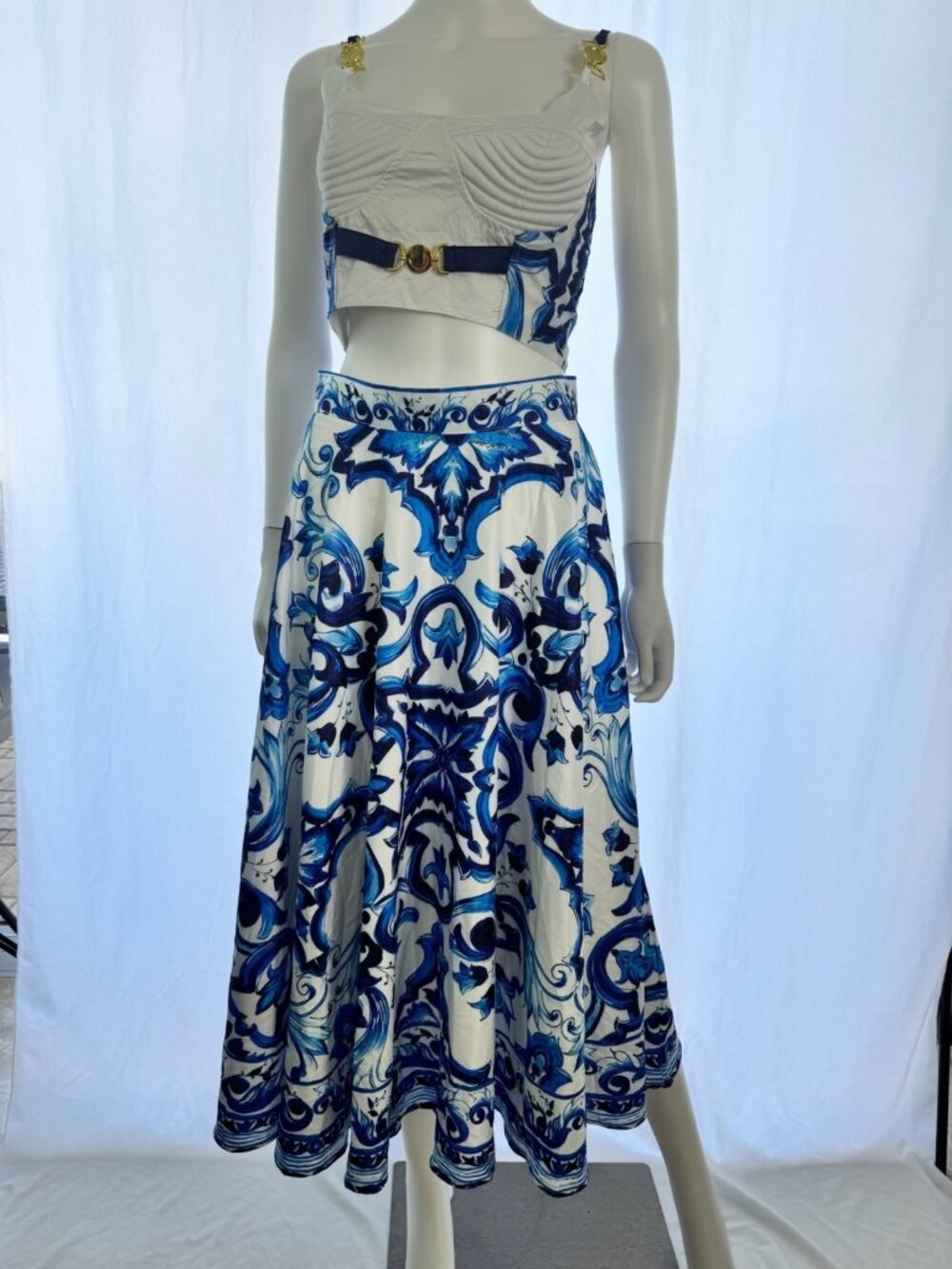 Daimaran Mediterranean Blue White Majolica Printed Two Piece Set Skirt Corset